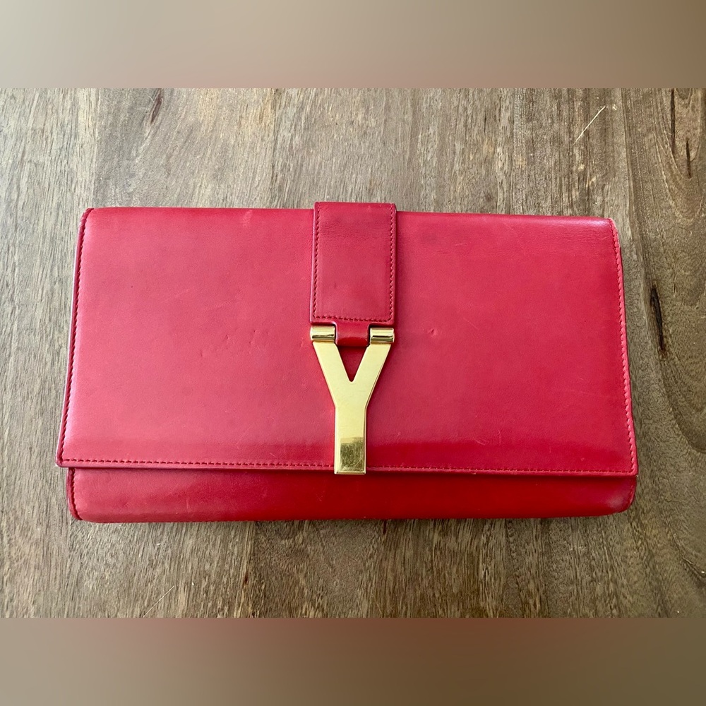 YSL Red Leather Clutch Gold Hardware Made in Italy
